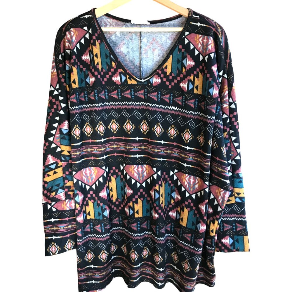 Aztec Print Tunic Long-Sleeved Southwest Native Top Cream N Sugar Plus Size 3X